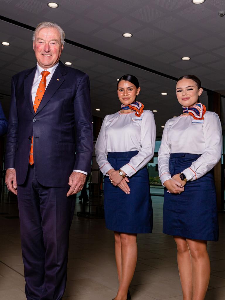 Rex Airlines Deputy Chairman, John Sharp and Rex flight attendants. Picture: Linda Higginson