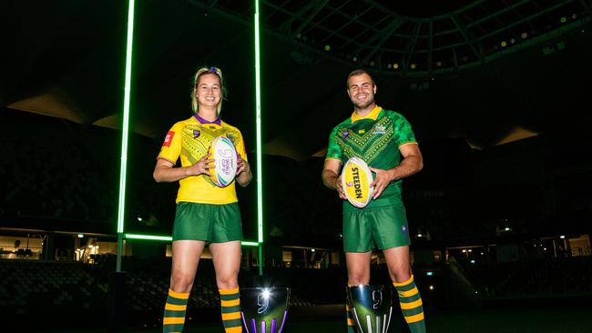 Kezie Apps and Wade Graham and the Nines posts at Bankwest Stadium that will light up when a try is scored