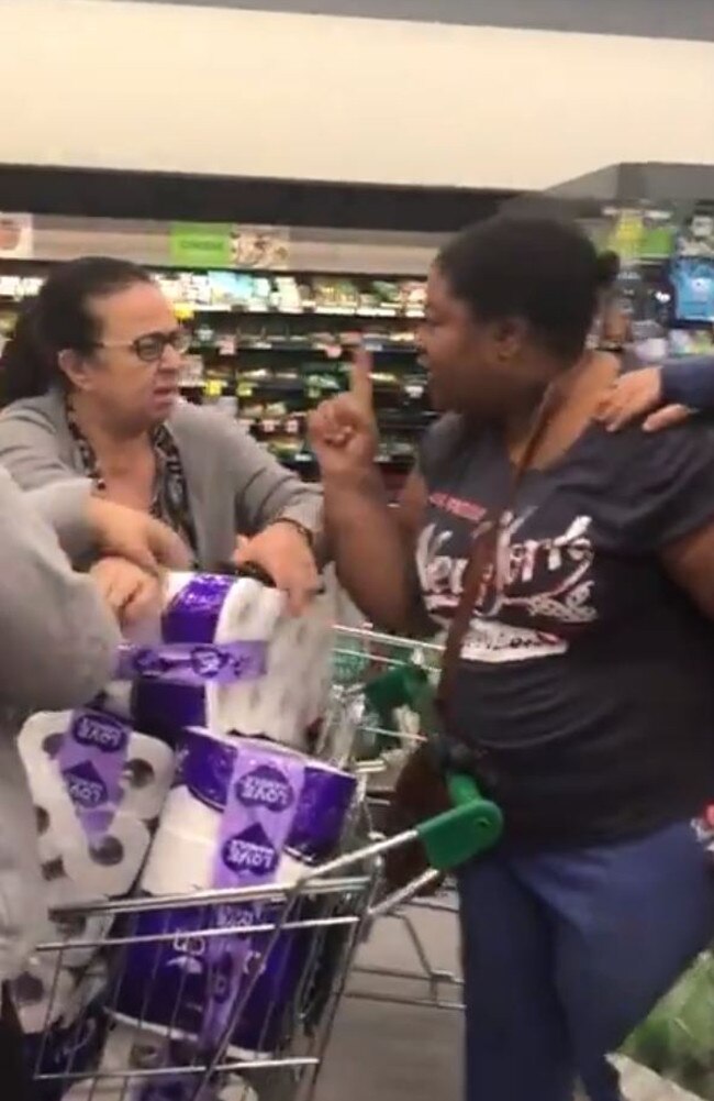 Treiza Bebawy and another woman shopper in the confrontation over toilet paper in March. Picture: Twitter