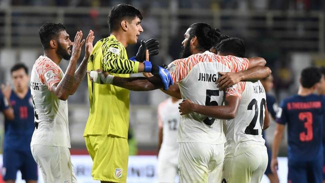 Indian players celebrate thrashing Thailand 4-1 at the Asian Cup. Picture: AFP