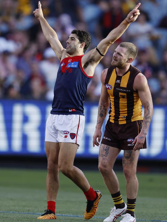 Christian Petracca celebrates a goal. Pic: Michael Klein