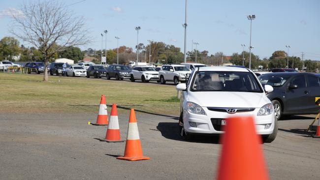 Covid testing lines at the Showground in Dubbo, which entered lockdown because of a Covid outbreak just two days before Lachlan Peters lied about his test result. Picture: Dean Marzolla