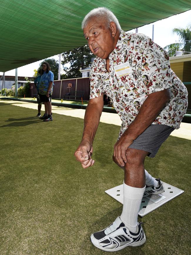 Uncle Kit George takes to the greens. Photo Simon Young.