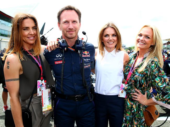 FILE - Geri And Christian Horner Welcome Their First Child Together NORTHAMPTON, ENGLAND - JULY 05:  (L-R) Melanie Chisholm, Infiniti Red Bull Racing Team Principal Christian Horner, Geri Horner and Emma Bunton pose on the grid before the Formula One Grand Prix of Great Britain at Silverstone Circuit on July 5, 2015 in Northampton, England.  (Photo by Mark Thompson/Getty Images)