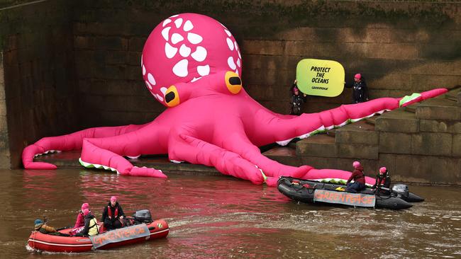 A giant inflatable octopus is pictured on the bank of the River Thames in central London during an action called by Greenpeace, as part of a campaign to protect the oceans. Picture: Henry Nicholls/AFP