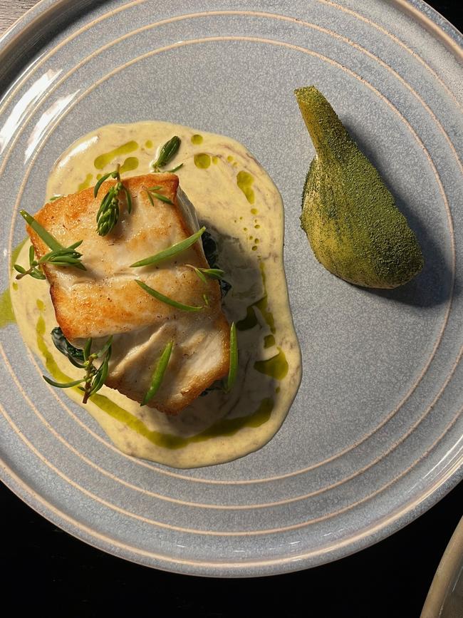 Leatherwood’s market fish – in this case is Trevally – is served with native asparagus and a citrussy yuzu sauce. Picture: Supplied