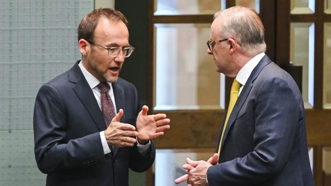 Leader of the Australian Greens Adam Bandt and Anthony Albanese during Question Time at Parliament House in Canberra. Picture: Martin Ollman