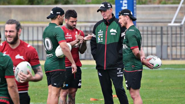 From left, Cody Walker, Adam Reynolds, Wayne Bennett and Damien Cook at Rabbitohs training this week. Picture: Adam Yip