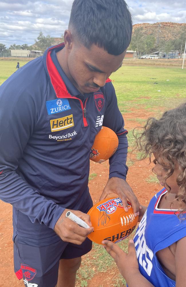 Kysaiah Pickett in Santa Teresa ahead of the Alice Springs based Melbourne vs Fremantle AFL match. Picture: Gera Kazakov