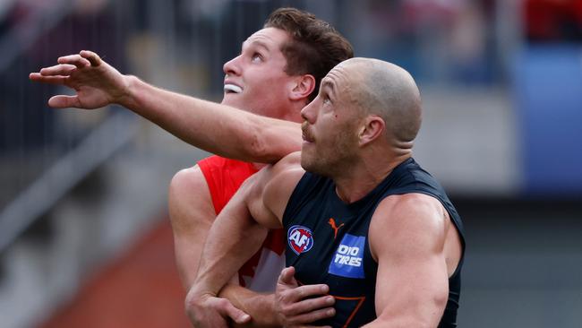 Hayden McLean battles Giants big man Shane Mumford this year. Picture: Getty Images