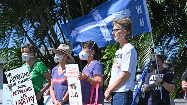 ACTU Secretary Sally McManus joined with local aged care workers, members of the AWU and the Queensland Council of Unions at a rally in Whitfield. Picture Emily Barker