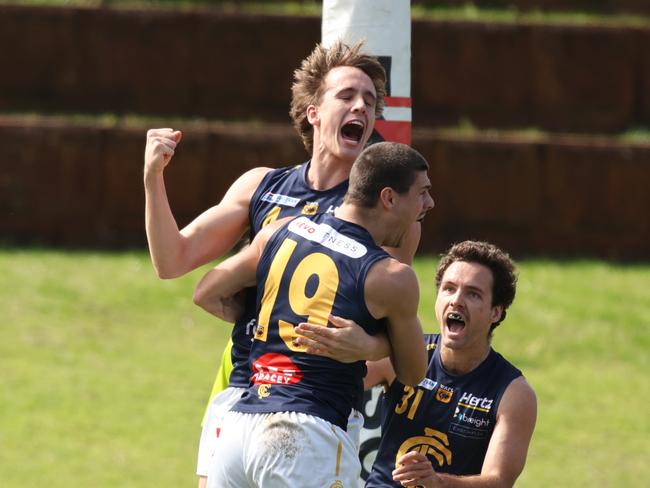 Hamish Davis celebrates a goal for Claremont. Pic: Subiaco FC