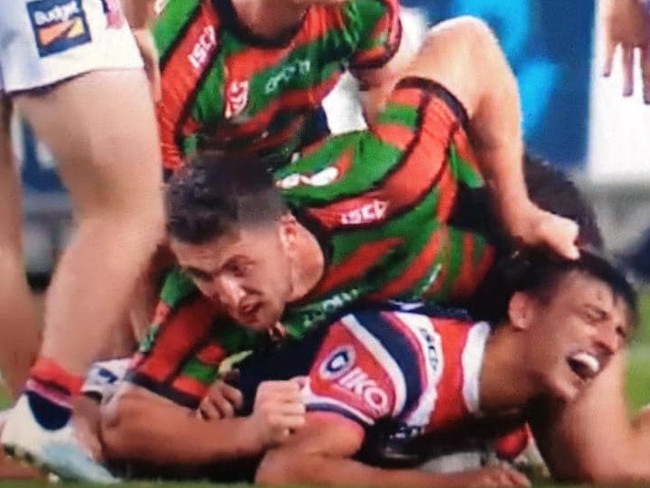 Video of Sam Burgess pulling the hair of Roosters player Billy Smith during an NRL match in September, 2019.