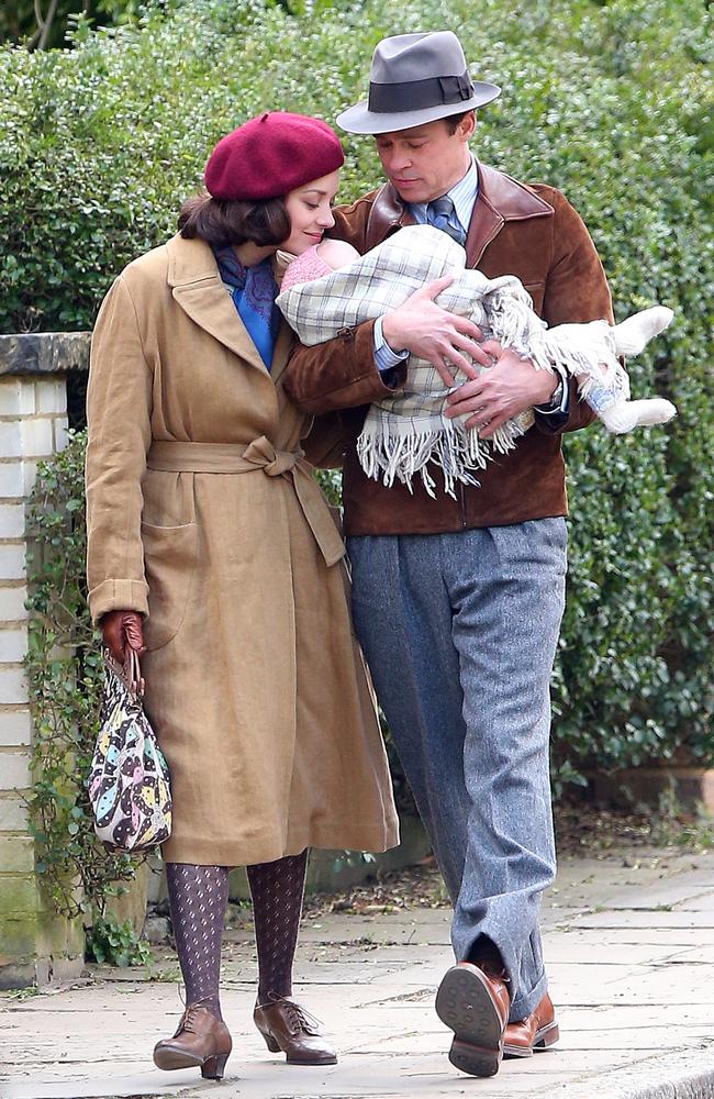 Brad Pitt and Marion Cottilard filming ‘Allied’ on March 31, 2016 in London. Picture: Splash
