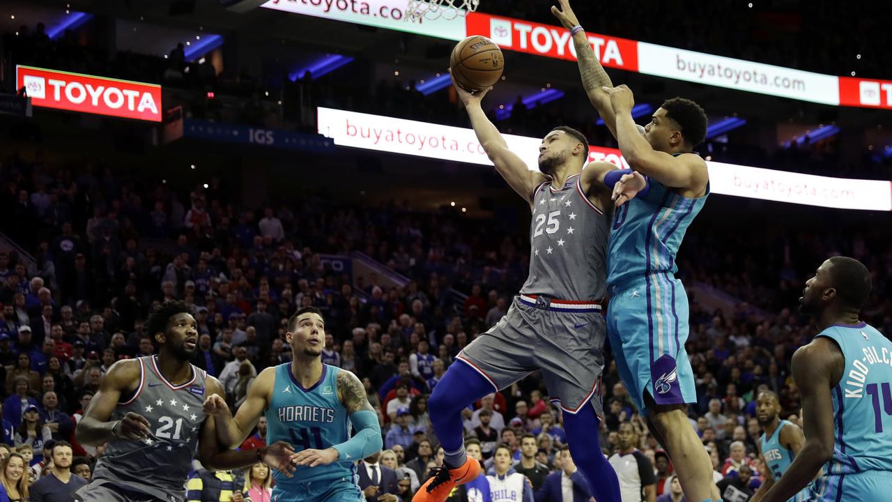 Philadelphia 76ers' Ben Simmons goes up for a shot against Charlotte Hornets.