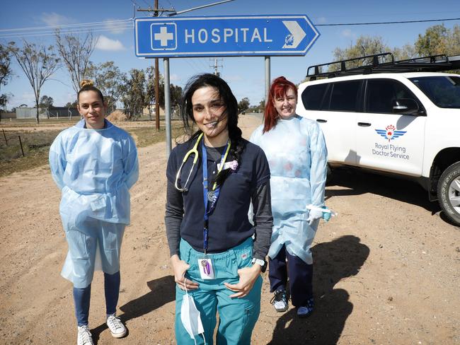 RFDS Team working at Menindee Base Hospital in the vaccination Hub.  - L-R, Aboriginal Health Practitioner Natalie Bates, Dr Yasmin Salleh and RN Belinda Gentle Picture - Chris Pavlich for The Australian