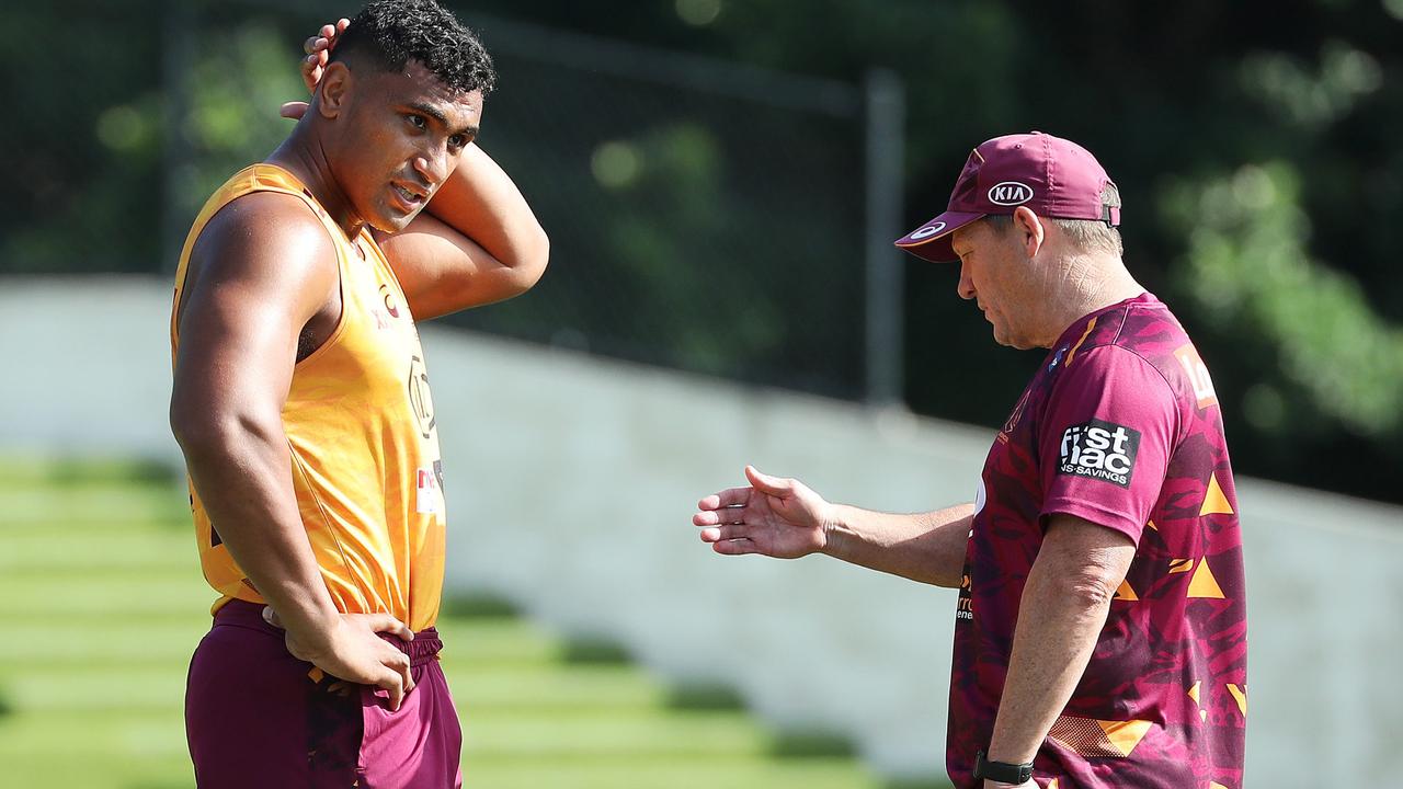 Tevita Pangai Jr talking with coach Kevin Walters at Broncos training.