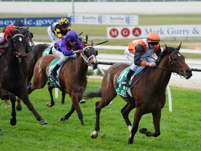 Jockey Damian Lane rides So You Swing to victory in race 6, the Mercedes-Benz Mornington BM64 Handicap, during the Cranbourne Races in Melbourne, Wednesday, August 7, 2019. (AAP Image/Stefan Postles) NO ARCHIVING, EDITORIAL USE ONLY