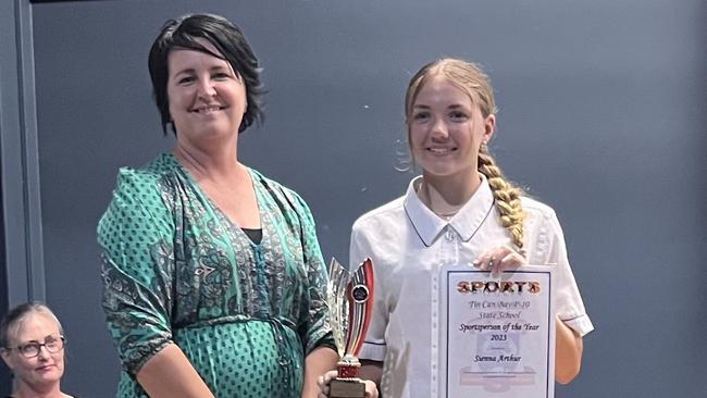 Sport Person of the Year - Sienna Arthur with deputy principal Sandy Lewis - Tin Can Bay State School Awards 2023.