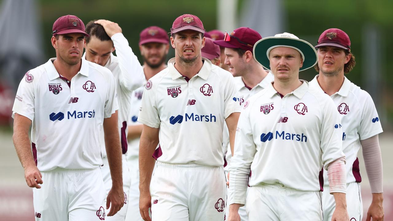 Xavier Bartlett, Jack Wildermuth and Max Bryant of Queensland leave the field at end of play during a Sheffield Shield match against New South Wales. Picture: Getty Images