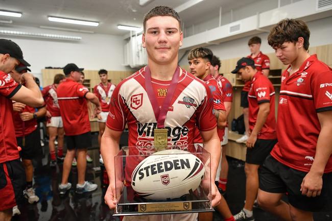 Charlie Dickson with his grand final player of the match award. Photo: Vanessa Hafner/QRL