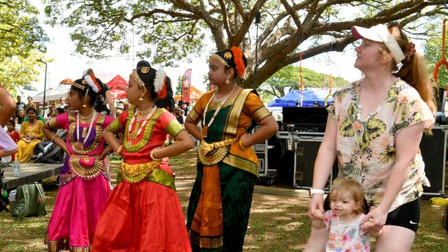 India Fest at Riverway. Cassie Browne with Charlotte, 20 months, does a dance workshop with Gettha's Natyalaya. Picture: Evan Morgan