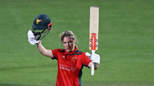 Nicola Carey of the Tigers celebrates scoring a century during the WNCL match between Tasmania and Queensland at Blundstone Arena, on February 24, 2024, in Hobart, Australia. (Photo by Steve Bell/Getty Images)