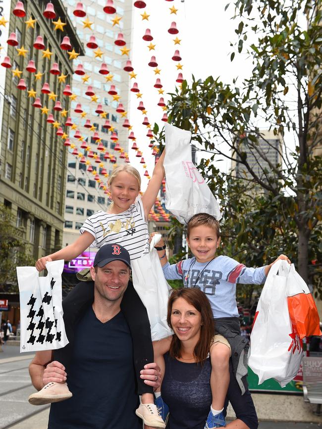 People busy shopping in Burke Street Mall. (L-R) Michael Bretherton, Charlee Bretherton (7), Kristine Bretherton and Crosby Bretherton (5) from Mansfield. Picture: Josie Hayden