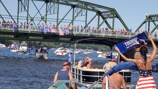 Trump rally on the St Croix river in Missouri. With rallies forced to take a pandemic-enforced hiatus, boat parades have become a substitute. Picture: Twitter