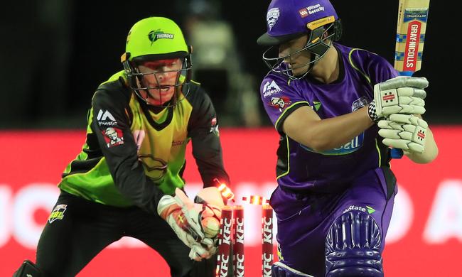 Sydney Thunder’s spinners kept the Hobart batsmen on their toes all innings, although Cameron Boyce survived this appeal. Photo: Rob Blakers/AAP Image