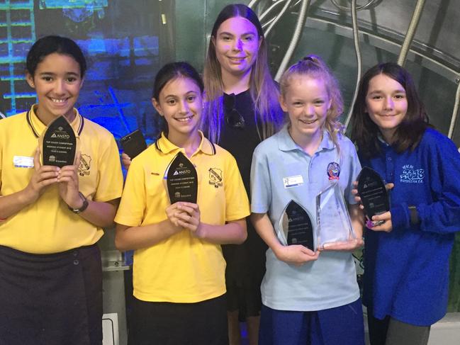 McCallum Public School’s Alia Guellati and Michaela Loukas with their teacher Bridget Sharkey, and Year 6 Division winners from Bundeena Public School, Rosa Phelan and Zyren Case.