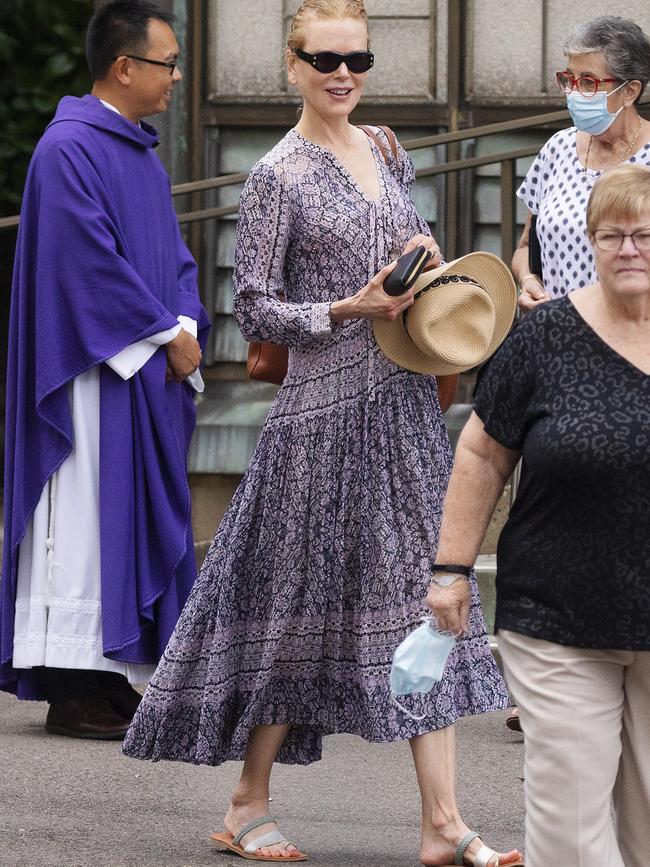 Kidman cut a chic figure in a flowing bohemian maxi dress at Francis Xavier Catholic Church. Picture: Matrix Media Group