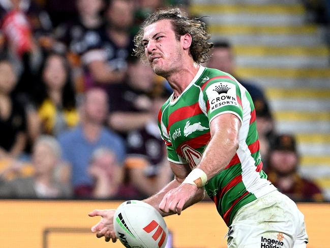 BRISBANE, AUSTRALIA - APRIL 28: Graham Campbell of the Rabbitohs celebrates scoring a try during the round nine NRL match between Brisbane Broncos and South Sydney Rabbitohs at Suncorp Stadium on April 28, 2023 in Brisbane, Australia. (Photo by Bradley Kanaris/Getty Images)