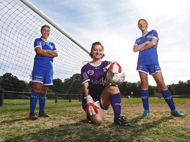 26/08/18 Clifton Hill U15's girls football (soccer) players (L-R) Ella Panagopoulos, Vara Tyrikos and Sophie Coombes.  Aaron Francis/The Australian