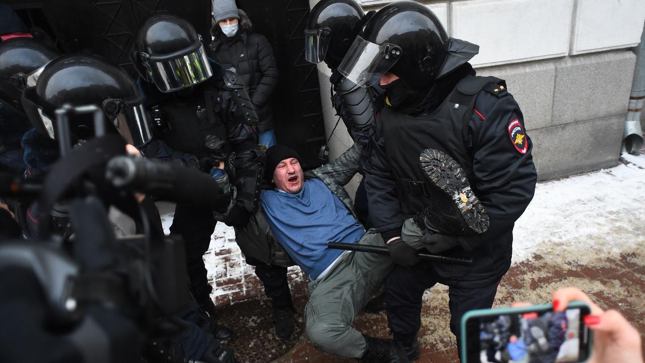 Police detain a man during a rally in support of jailed opposition leader Alexei Navalny in St Petersburg on January 31, 2021. Picture: Olga Malseva/AFP