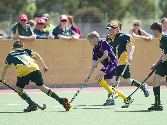 Macarthur Chronicle - Pictured: Action photographs - Ingleburn Bulldogs (green yellow) versus Harrington Park Hurricanes (purple) - Macarthur District Juniors hockey finals 2014 held at Millwood Avenue, Narellan NSW Australia