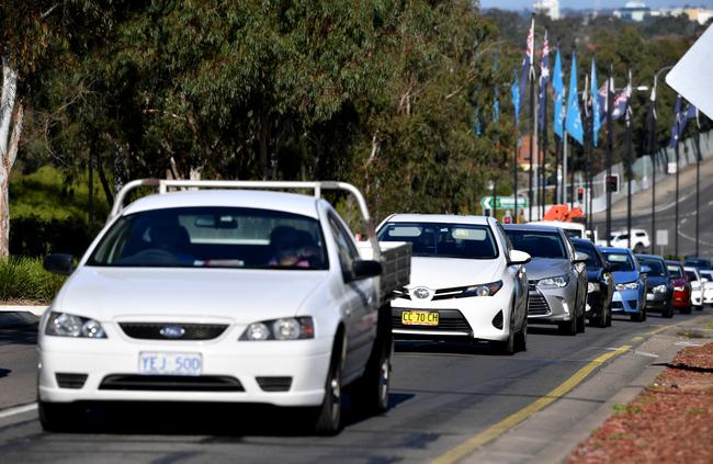 Traffic approaches the roundabout on Norwest Boulevarde and Lexington Drive at Bella Vista. Congestion happens everyday on Norwest Boulevarde. Picture: AAP Image/Joel Carrett