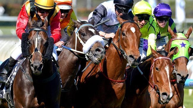 Spirit Of Boom (left) rounds up the field in the Group 2 Caulfield Sprint. Picture: Jay T