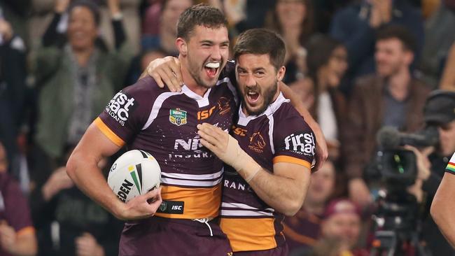 Corey Oates and Ben Hunt of the Broncos celebrates a try during the NRL Semi Final match between the Brisbane Broncos and the Penrith Panthers at Suncorp Stadium on September 15, 2017 in Brisbane, Australia. Picture: Jono Searle/Getty Images