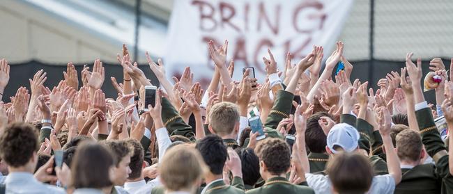 Trinity Grammar students protest over the sacking of Rohan Brown. Picture: Jake Nowakowski