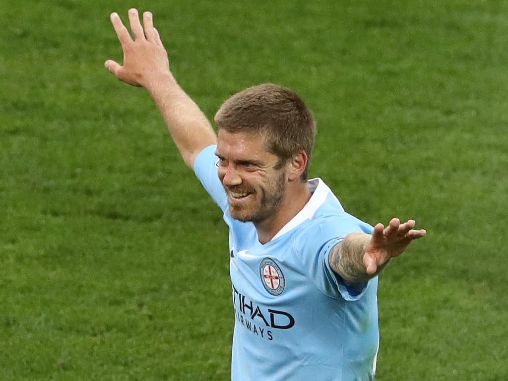 MELBOURNE, AUSTRALIA – NOVEMBER 10: Bruno Fornaroli of Melbourne City  celebrates his first goal of the match during the 6th round of the Hyundai  A-League between Melbourne City and the Newcastle Jets