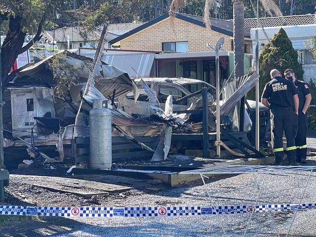 The caravan was destroyed along with a utility parked beside it. Picture: Richard Noone