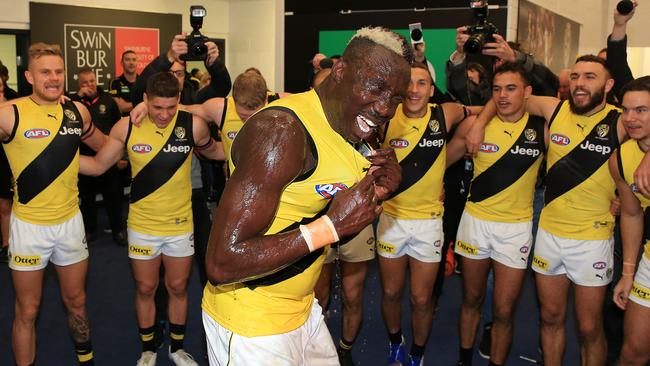 Chol gets a Gatorade shower for his first win in the yellow and black. Picture: Mark Stewart