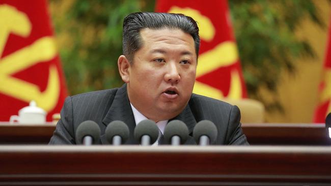 Kim Jong-un addresses a ruling Workers’ Party conference in Pyongyang on Saturday. Picture: Korean Central News Agency via AFP