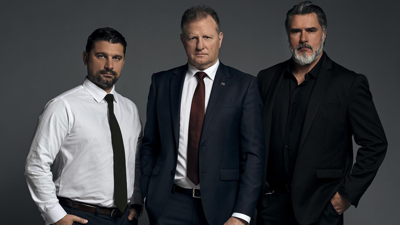 Dr David Craig - Chief - from Channel 10 reality TV show Hunted (centre), with Ben Owen, the show’s Deputy of Intelligence and Reece Dewar, Deputy of Operations. Picture: Channel 10.