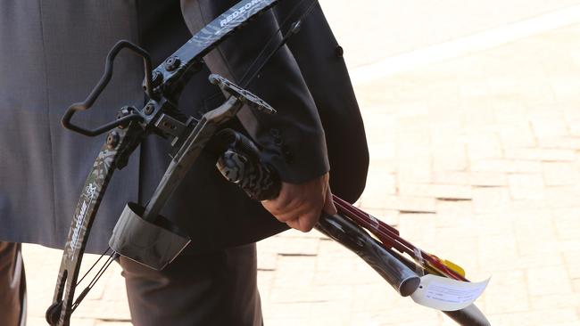 The crossbow involved in the inquest. The final day of the inquest into death of Ryan Pringle who was shot by police after threatening members of the Rainbow Family spiritual group with a knife and crossbow on April 15 2012.