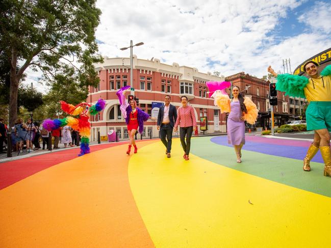 Sydney’s reborn rainbow crossing in Taylor Square. Picture: Katherine Griffiths