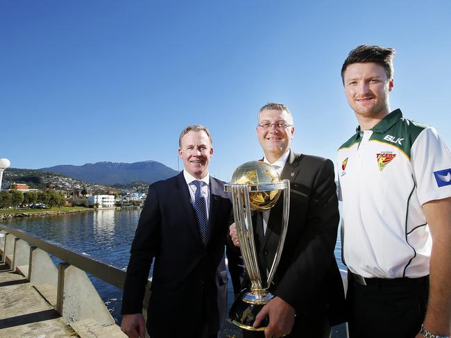 ICC World Cup CEO John Harnden announces that the Scotish cricket team will be training at Kingborough Twin Ovals during the lead up to the ICC World Cup. Premier Will Hodgman, ICC World Cup CEO John Harnden and Kingborough and Tasmanian cricket player Jackson Bird.