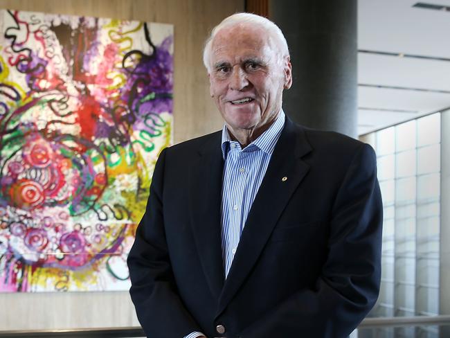 Property developer and philanthropist Lang Walker at his $3.2bn development Parramatta Square, with a large painting by Aboriginal artist Yaritji Young. Story is about Mr Walker and his Walker Family Foundation which has donated $20m to support a science academy for school students at the new Powerhouse Parramatta museum. Mr Walker commissioned Yaritji Young to paint the 6m x 8m painting for the 6 Parramatta Square tower. Jane Dempster/The Australian.