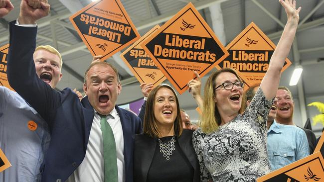 Jane Dodds celebrates with supporters as she wins the Brecon and Radnorshire by-election. Picture: AP.